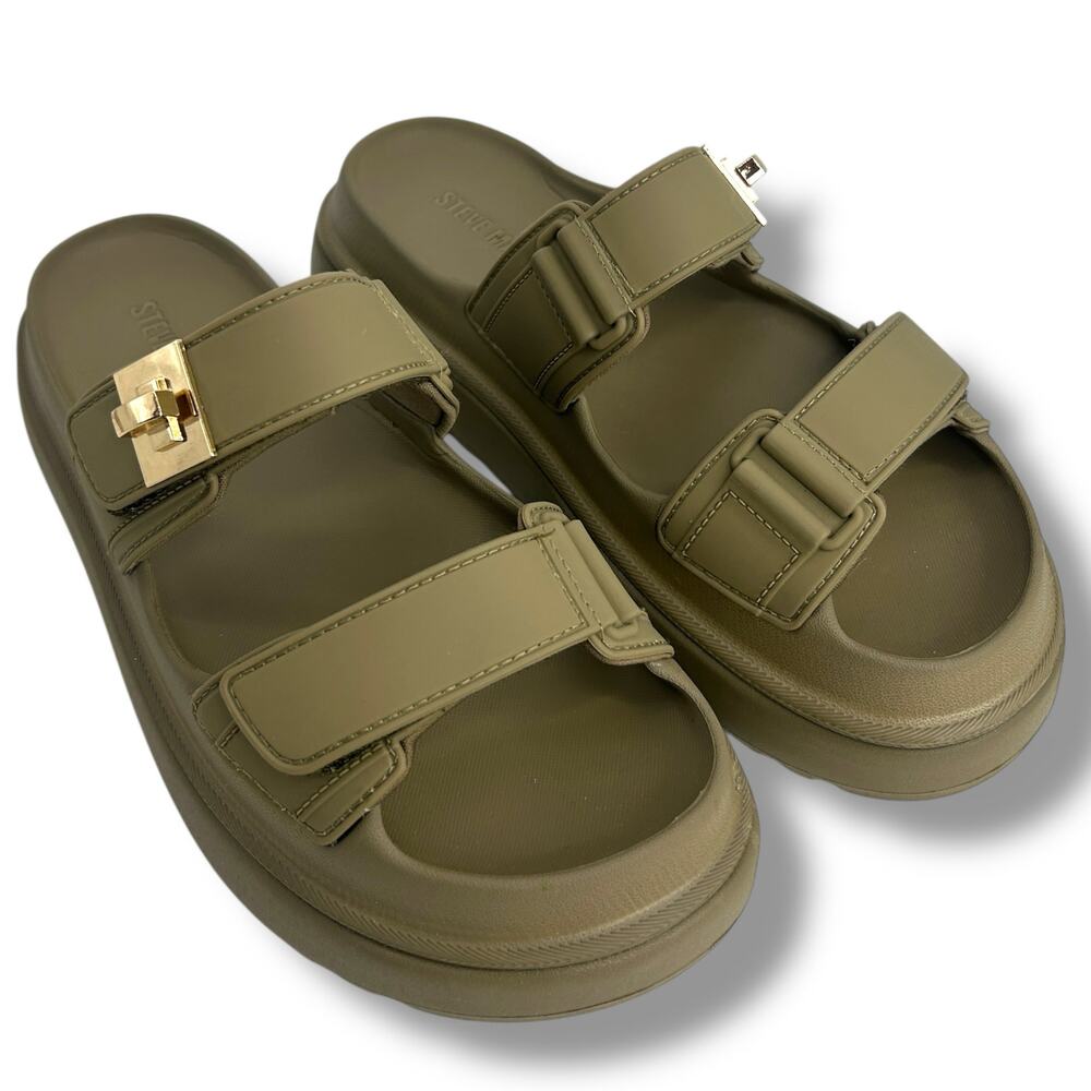 Steve Madden Bigschmona Platform Slide Sandals Size 8 Olive Green Flatform EUC - Picture 12 of 12